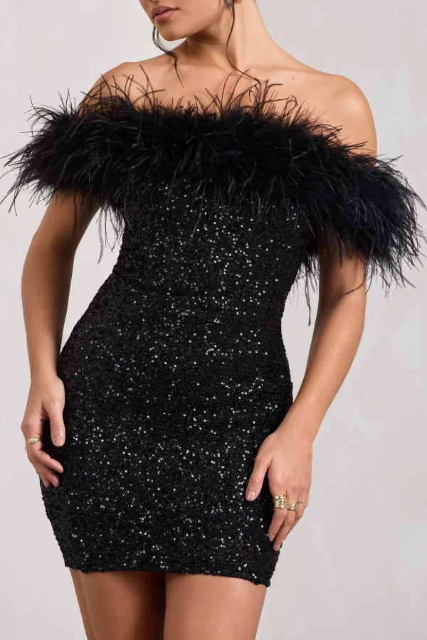 Slim-fit Strapless Feather Sequin Mini Dress